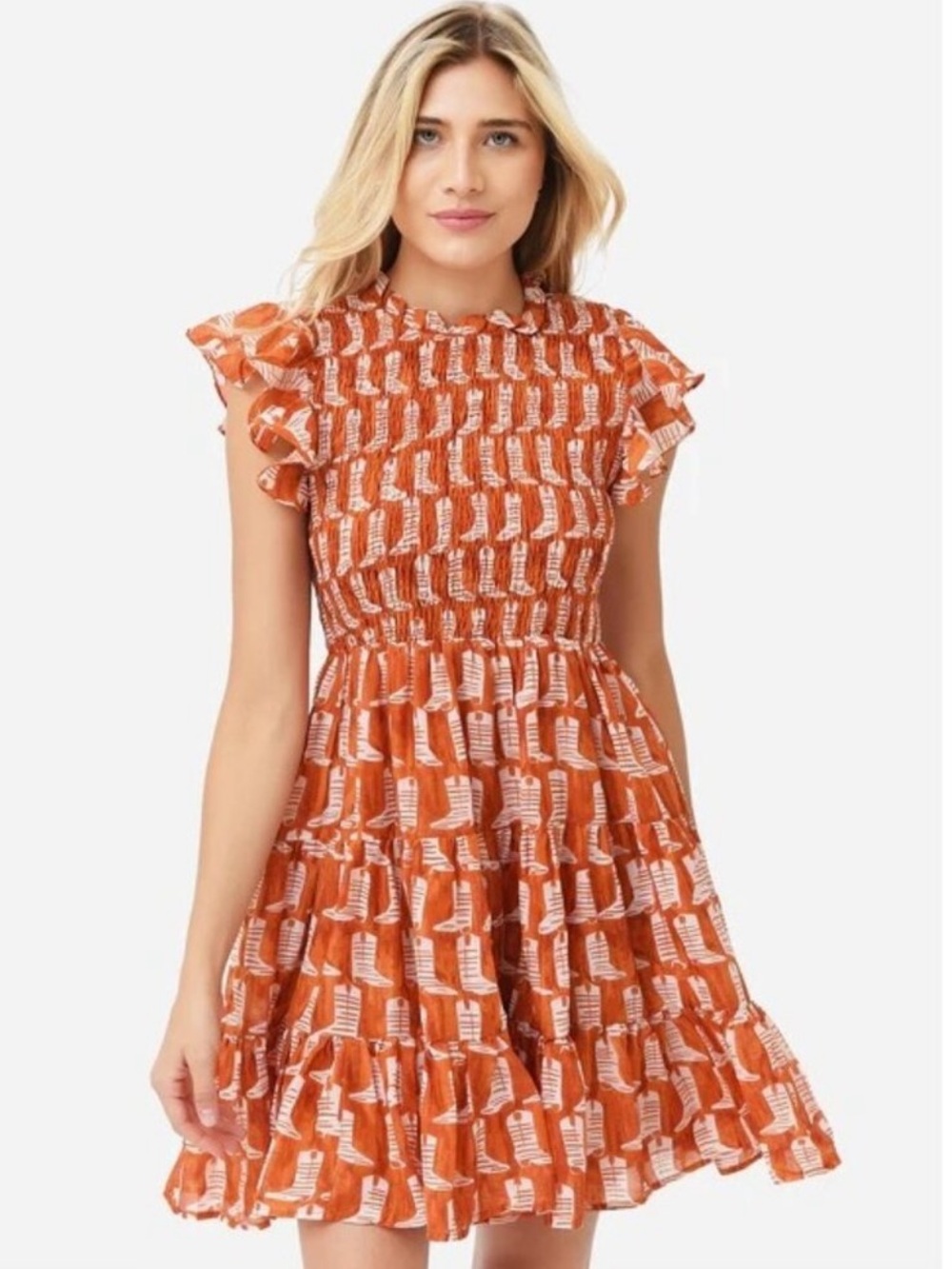 J.Marie Dixie Ruched Cowboy Boot Mini Dress XS Burnt Orange White Ruffle